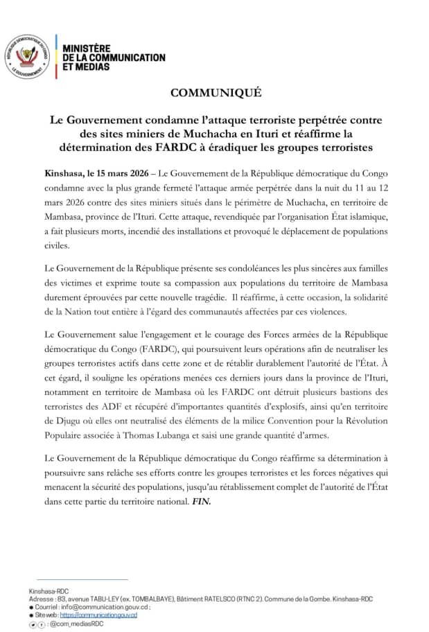 Ituri : le gouvernement condamne l’attaque de Muchacha et promet une riposte ferme contre les groupes terroristes